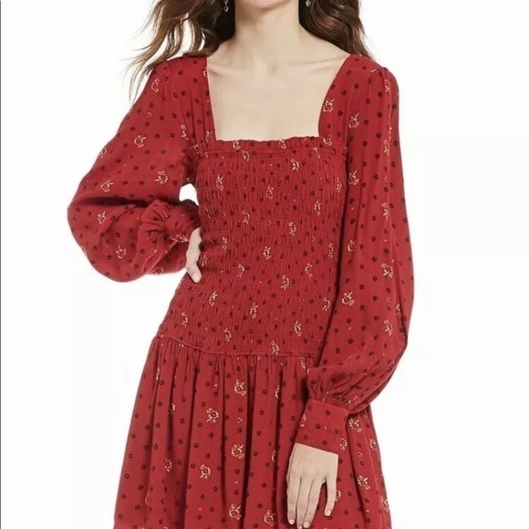 Free People Ruby Red Floral Mini Long Sleeve Dress - Picture 3 of 3